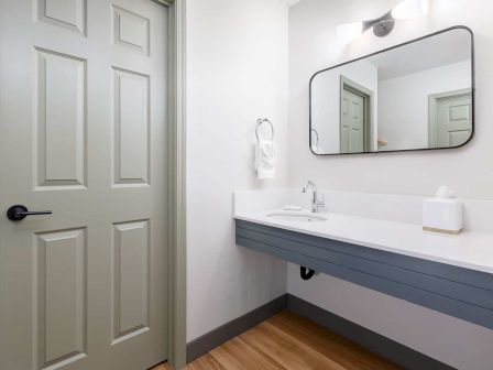 A modern bathroom with a double-sink vanity, black-framed mirror, light fixture, and white doors.