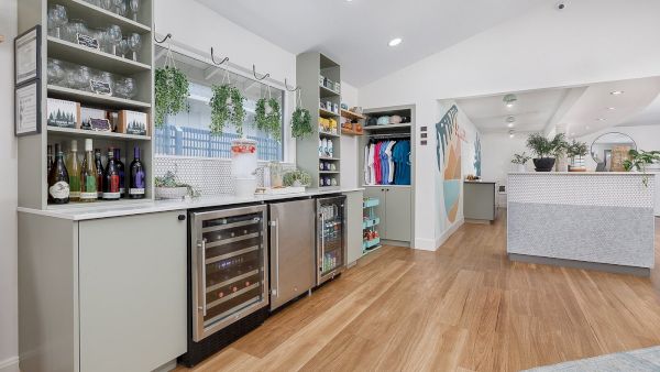 A bright modern break room with a beverage fridge, shelves of bottles and glasses, hanging plants, and a reception-style counter.