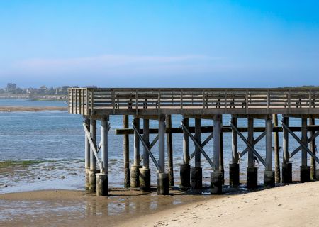 A wooden pier on tall concrete supports stretches over a sandy beach with calm water beneath a clear blue sky.